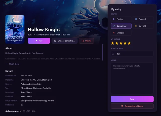 The game window: status, rating, hours and achievements (GameShelf)